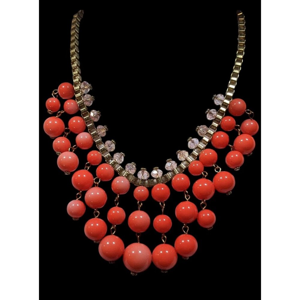 Vintage Salmon Beaded Fringe Necklace On Gold Tone Box Chain